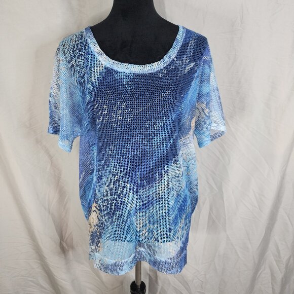THOMAS & OLIVIA Size‎ XL Blue Mesh Knit Animal Print Short Sleeve Sheer Blouse - Picture 1 of 8